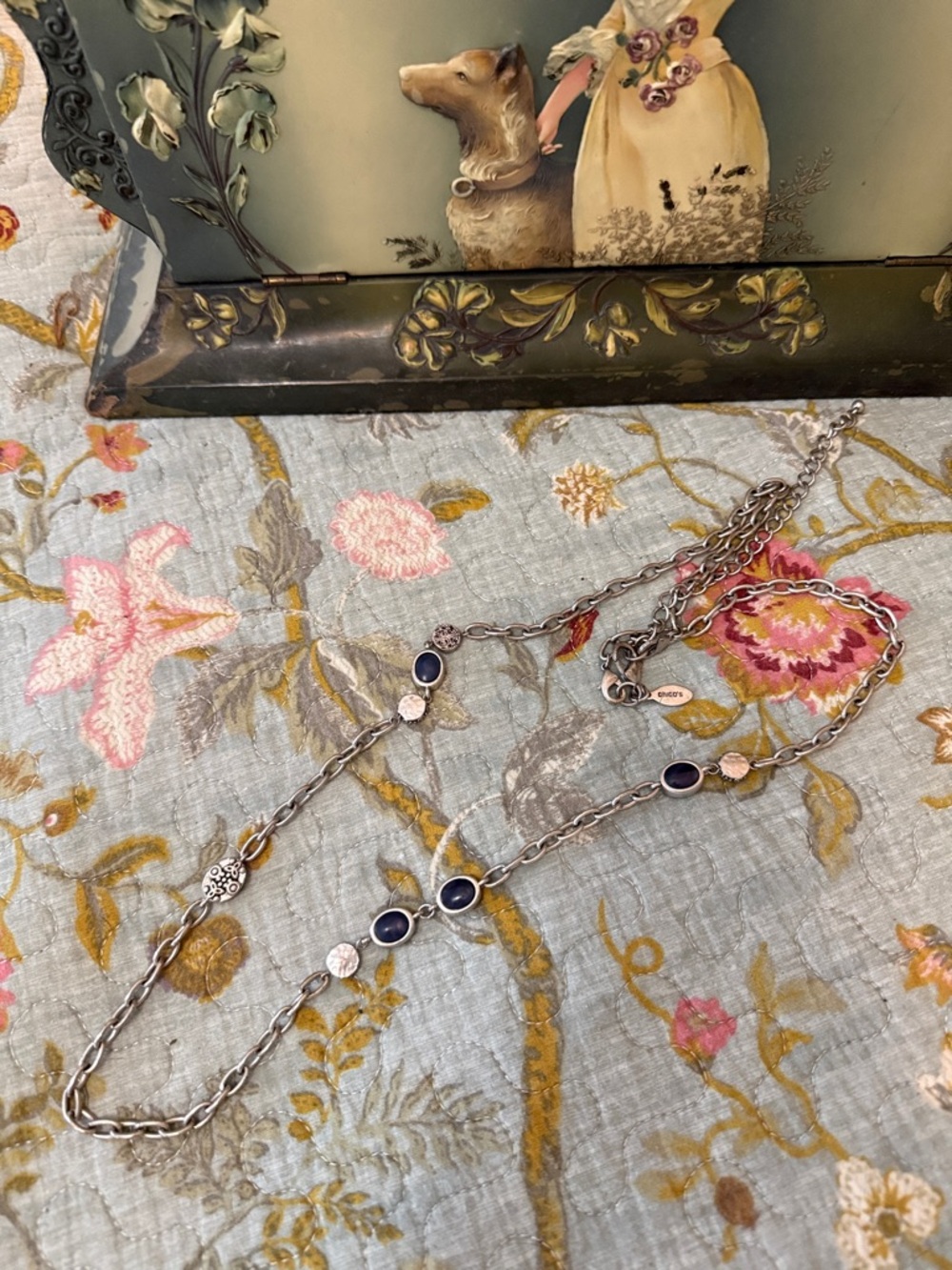 Chico's Silver-Tone Layered Necklace with Navy Stones and Clear Accents